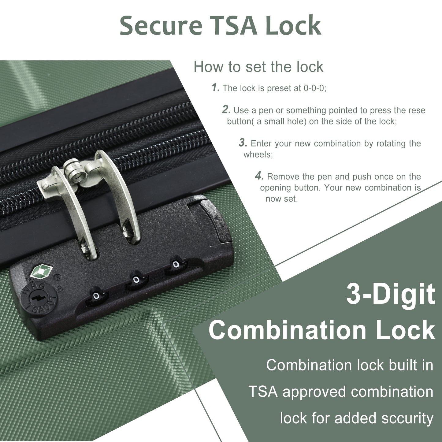 Valise rigide à roulettes avec serrure TSA légère et extensible 24'' vert + ABS