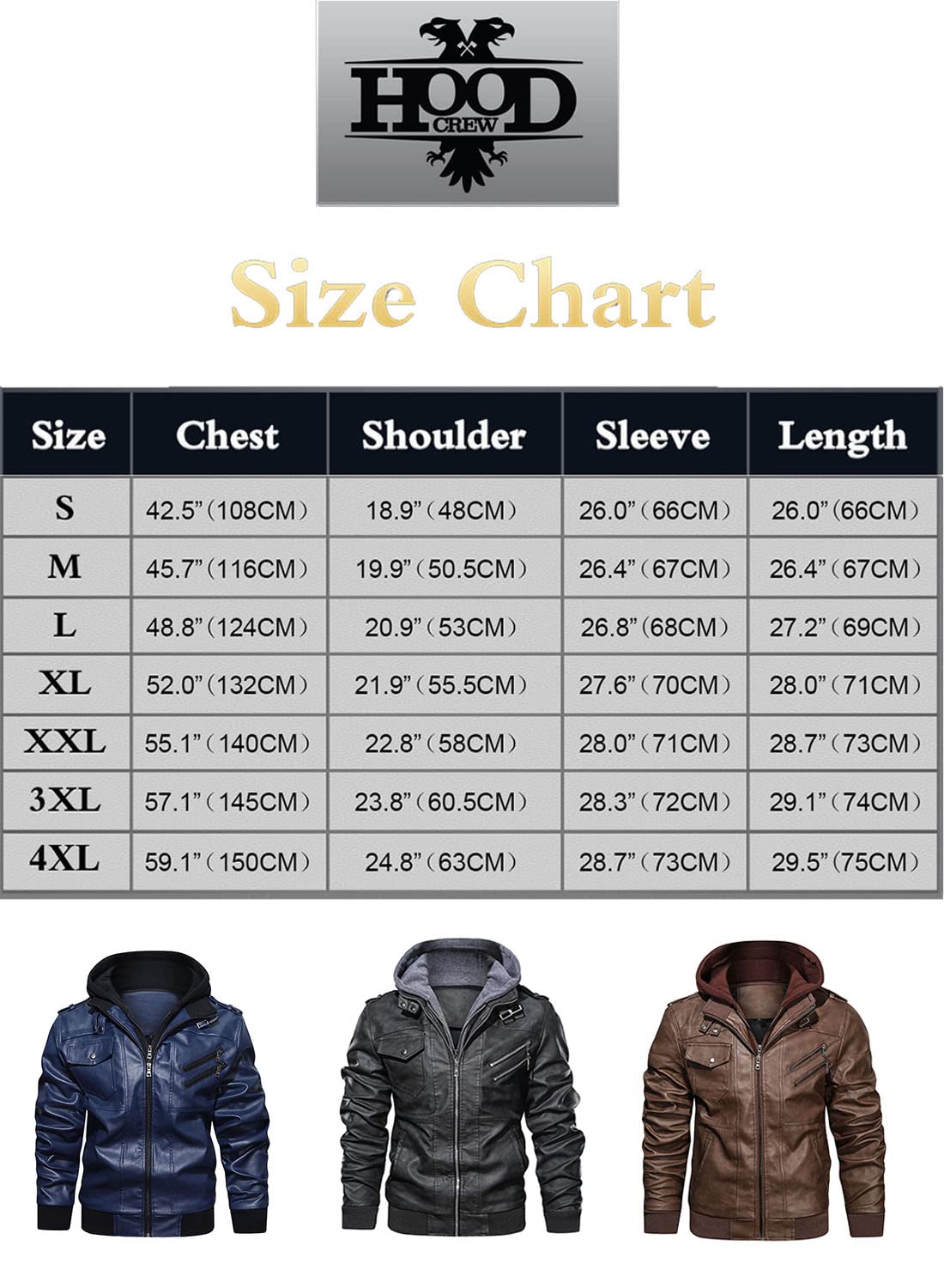 HOOD CREW Veste de motard décontractée en similicuir pour homme avec capuche amovible, marron, XXXL