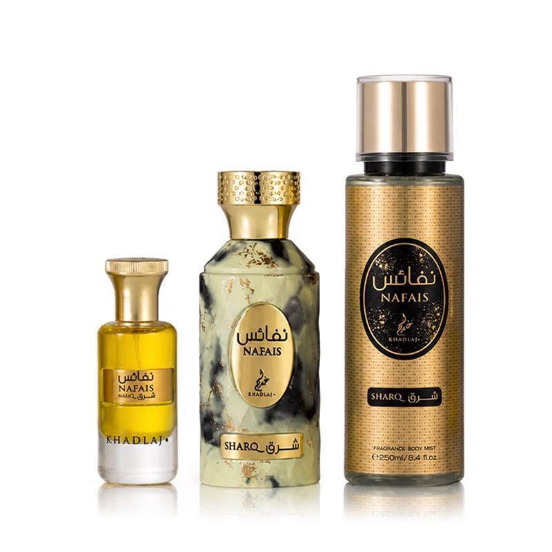 Khadlaj Nafais Sharq Coffret Eau de Parfum 100 ml + Huile Parfumée 24 ml + Brume Corps 250 ml Unisexe