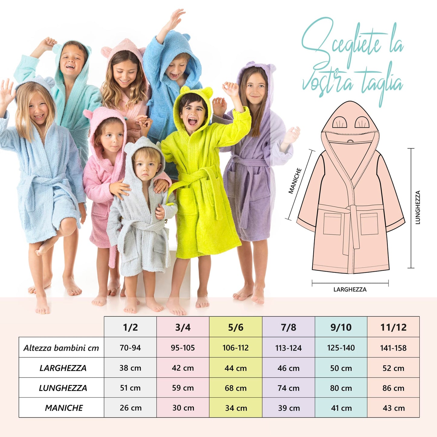 LEBENGOOD Peignoir enfant en coton (garçon/fille), 100 % coton Oeko-Tex, 2 poches, ceinture, capuche, 5-6 ans