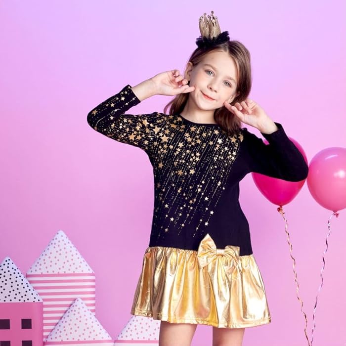 Robes VIKITA pour grandes filles, dorées et noires, vêtements de Noël pour enfants de 9 à 10 ans
