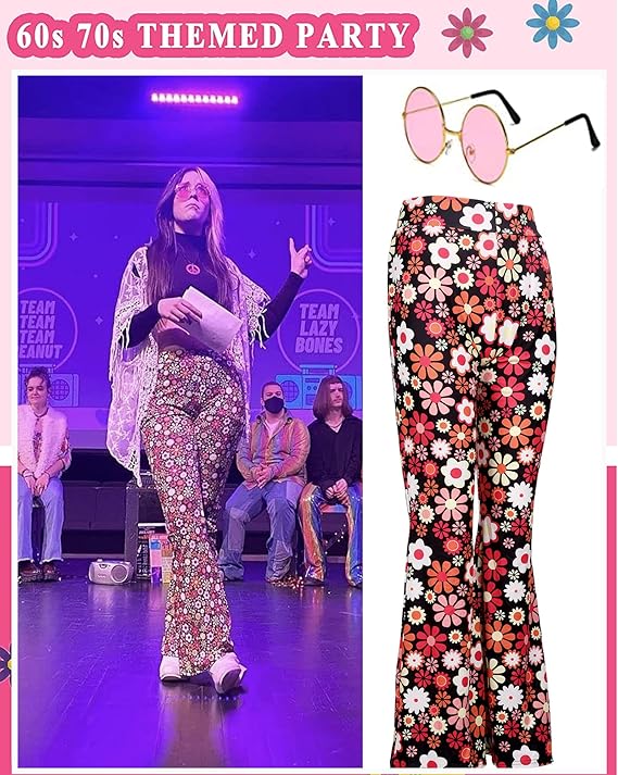 YADODO Costume hippie pour femme : pantalon évasé, lunettes, bandeau, années 60-70, taille XL