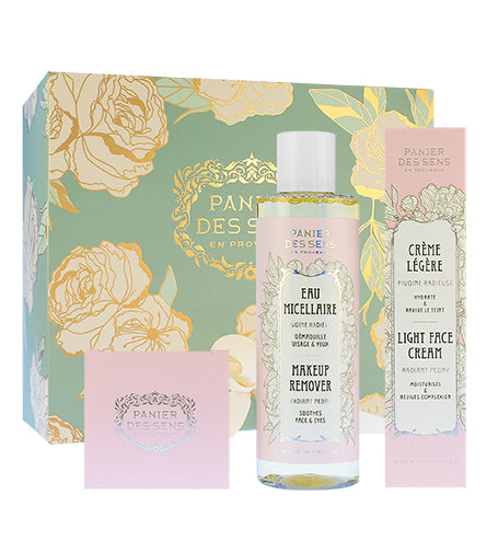 Panier Des Sens Radiant Peony dárková sada lehký krém na obličej 40 ml + výživný krém na obličej 50 ml + micelární voda 200 ml