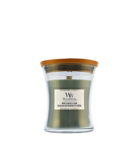 WoodWick Mint Leaves & Oak vonná svíčka s dřevěným knotem 275 g