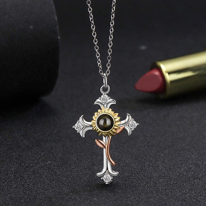 Collier Argent sterling s925, pendentif croix en diamant clouté tournesol