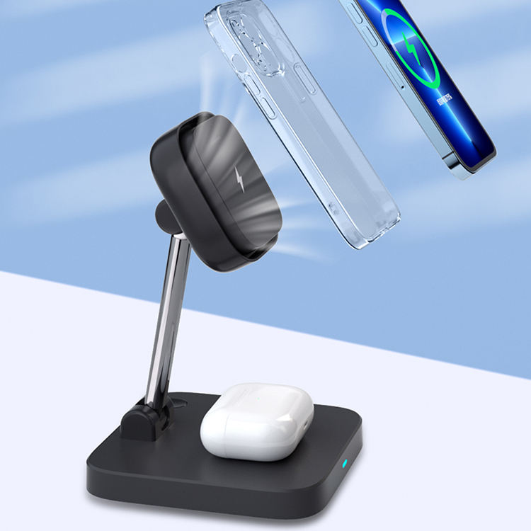 Support de chargeur magnétique sans fil 3 en 1 avec ventilateur de refroidissement adapté au chargement sans fil des écouteurs et des montres iPhone