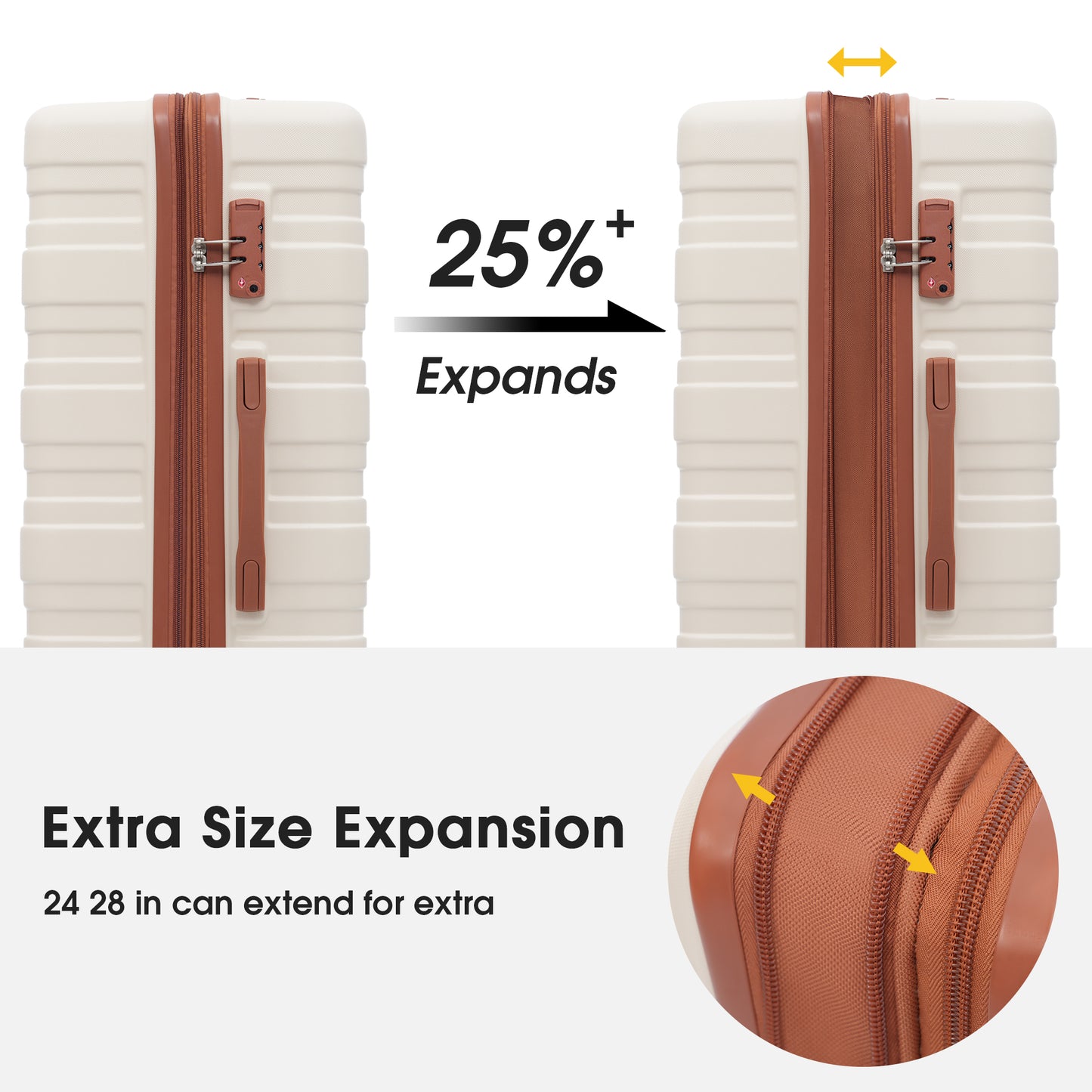 Ensembles de bagages rigides, valise à roulettes 3 pièces avec serrure TSA légère 20''24''28'' marron + blanc + ABS