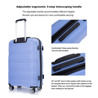 Valise rigide à roulettes en PP, ensemble de bagages léger et durable, 3 pièces (20/24/28), bleu violacé