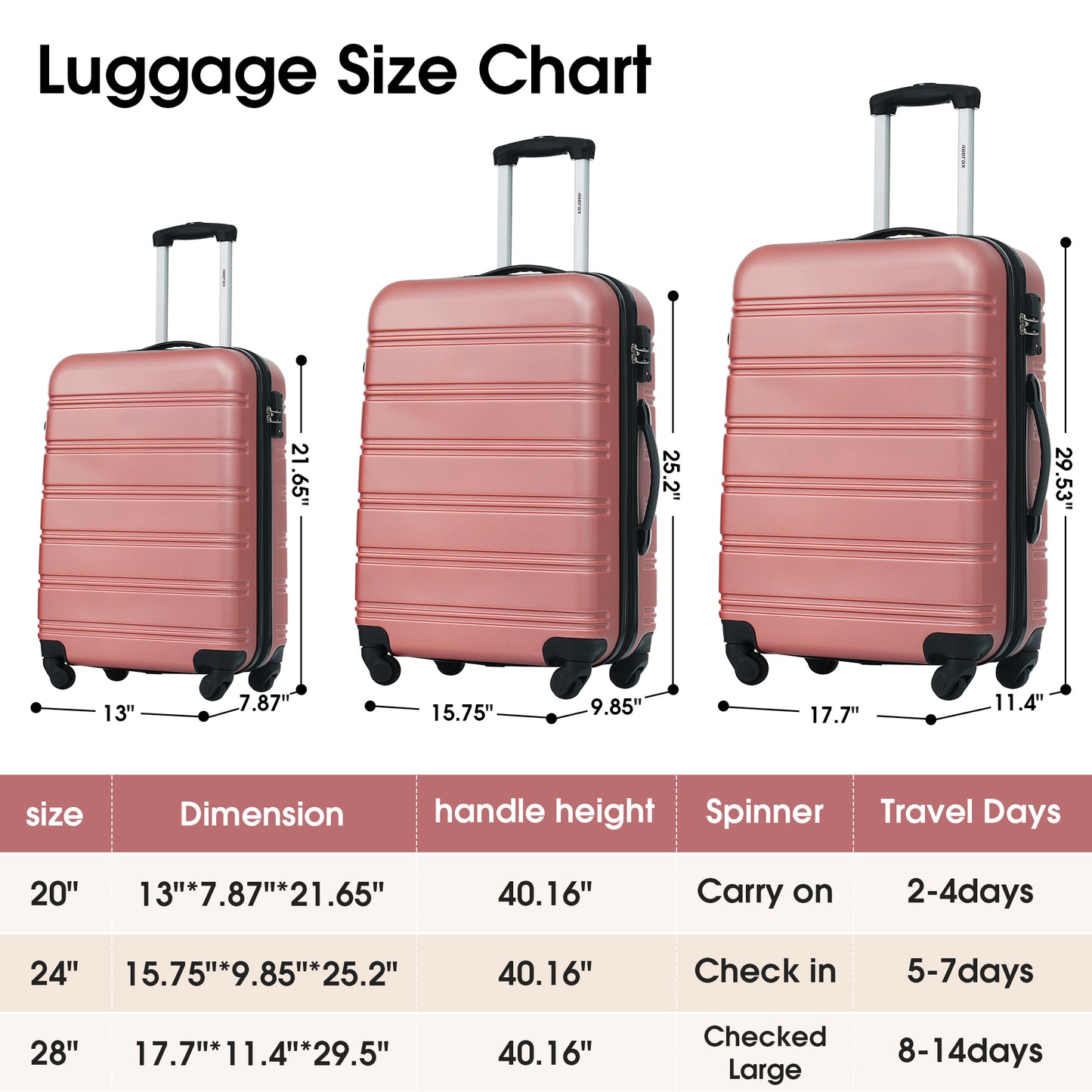 Ensemble de bagages 3 pièces Valise rigide à roulettes avec serrure TSA 20