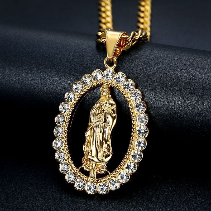 Joli Pendentif Vierge Marie en acier inoxydable plaqué or et diamants