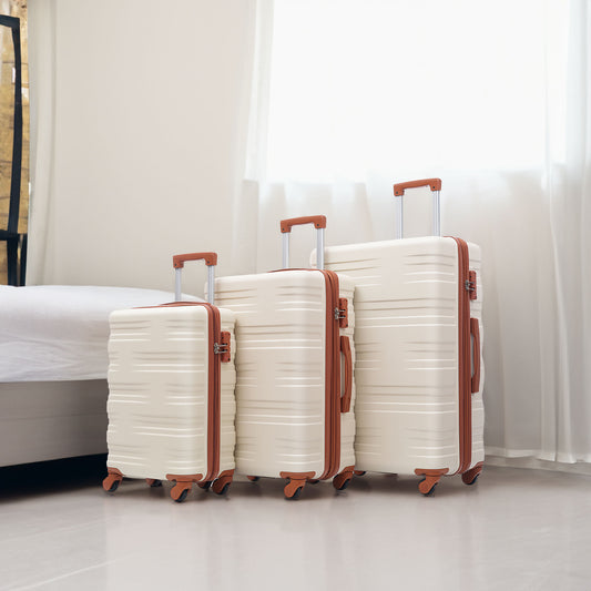 Ensembles de bagages rigides, valise à roulettes 3 pièces avec serrure TSA légère 20''24''28'' marron + blanc + ABS