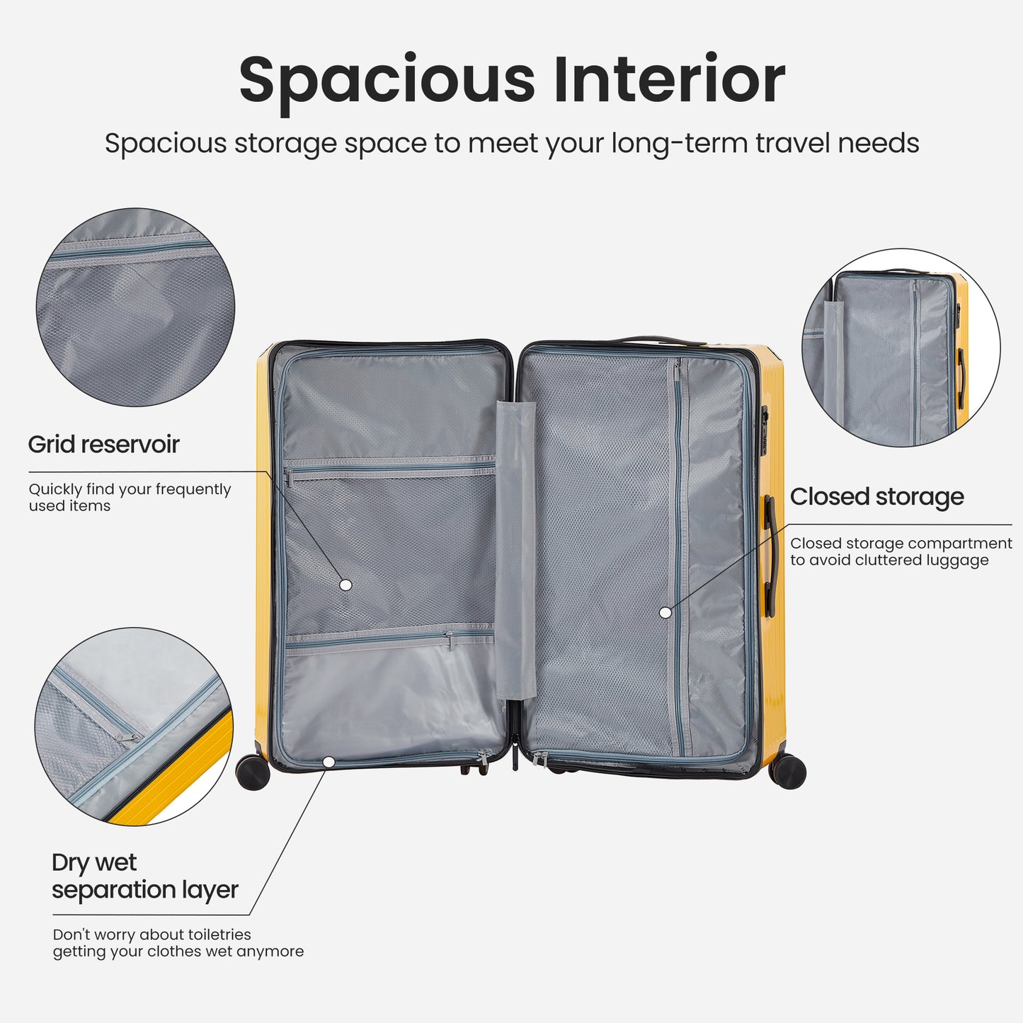 Ensemble de bagages 4 pièces (20"/24"/29"/sac de voyage), bagage léger et durable en PC + ABS avec porte-gobelet pliable, serrure TSA, jaune