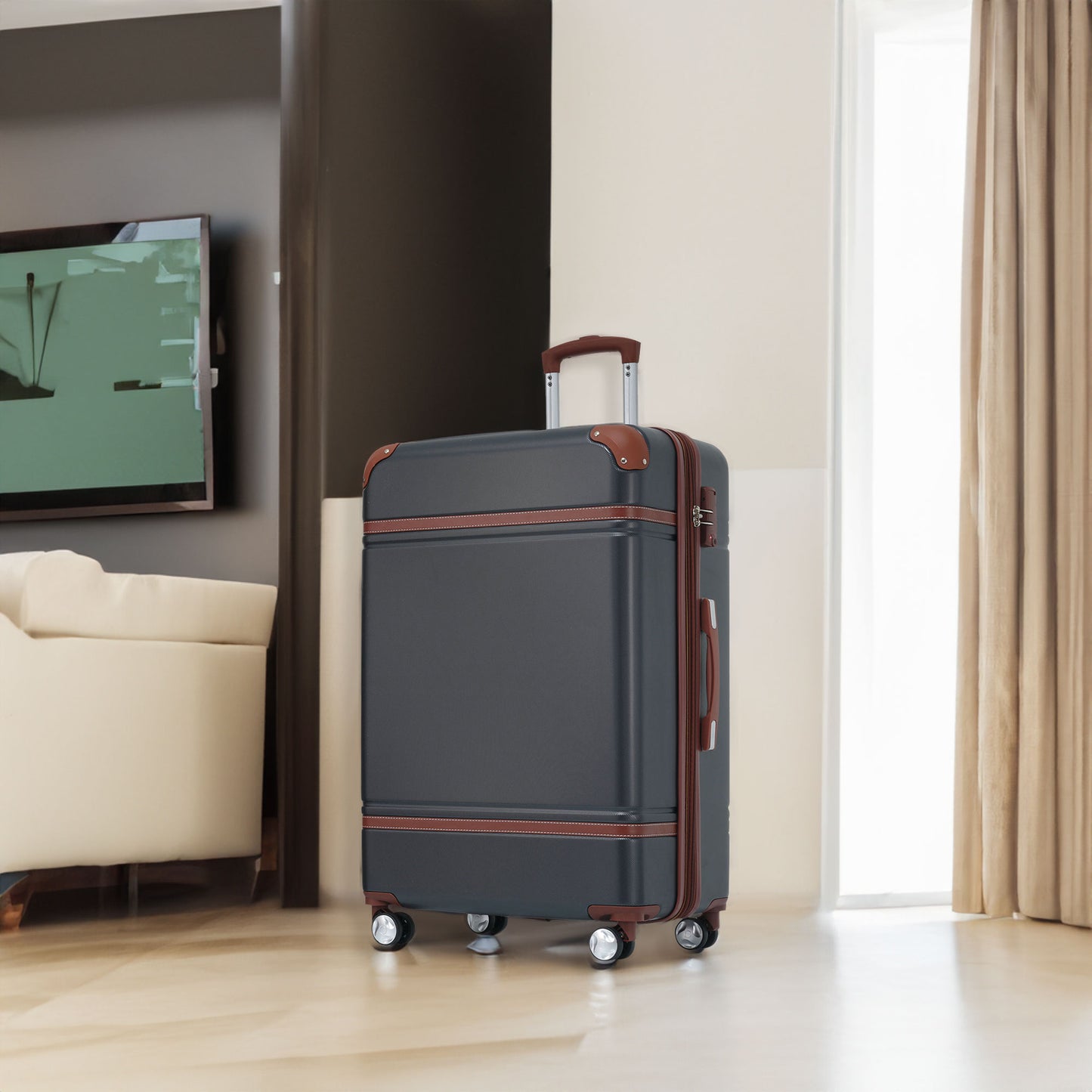 Bagage 24" 1 pièce avec serrure TSA, valise légère extensible, roulettes, bagage vintage noir