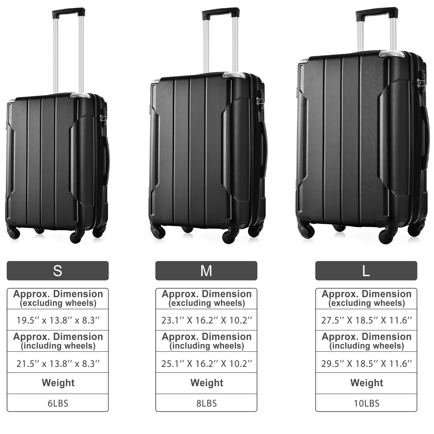 Ensembles de bagages rigides 3 pièces valise à roulettes avec serrure TSA légère 20''24''28'' noir + ABS