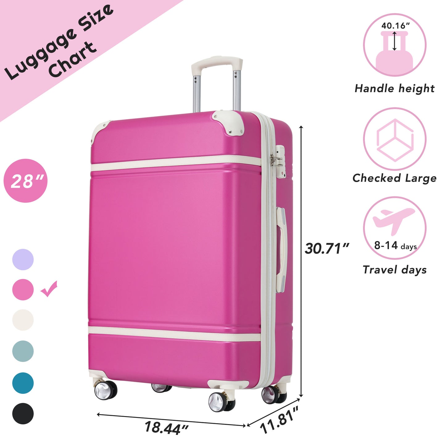 Bagage vintage rose 28" 1 pièce avec serrure TSA, valise à roulettes légère et extensible