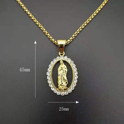 Joli Pendentif Vierge Marie en acier inoxydable plaqué or et diamants