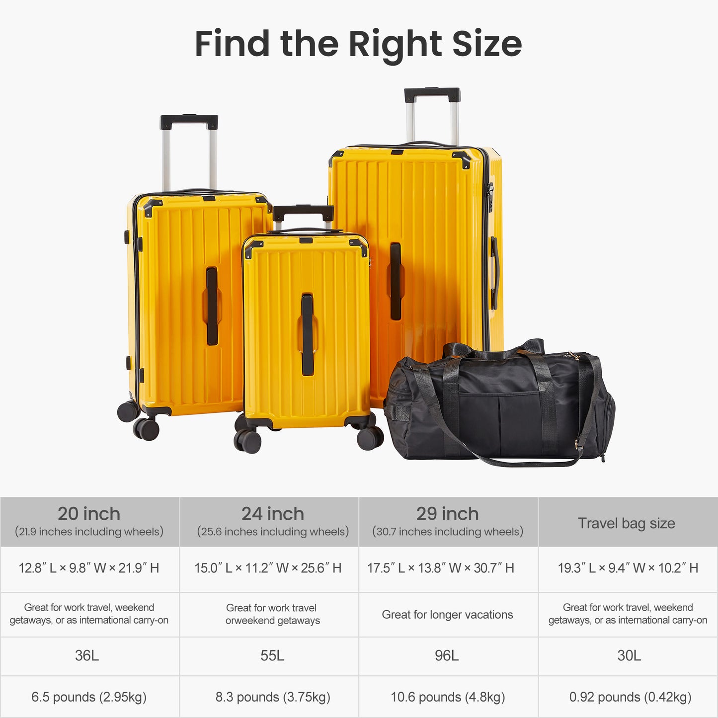 Ensemble de bagages 4 pièces (20"/24"/29"/sac de voyage), bagage léger et durable en PC + ABS avec porte-gobelet pliable, serrure TSA, jaune