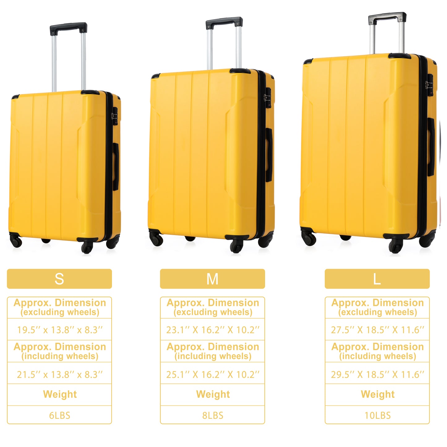 Ensemble de valises 3 pièces, bagage à main rigide avec serrure TSA léger 20''24''28'' jaune + ABS