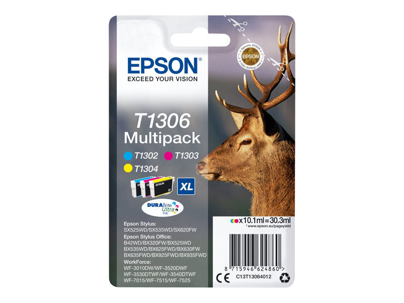 Epson T1306 Multipack - Pack de 3 - 30.3 ml - XL - jaune, cyan, magenta - original - cartouche d'encre - pour Stylus Office BX630, BX635, BX935, WorkForce WF-3010, 3520, 3530, 3540, 7015, 7515, 7525 Super Promo PC