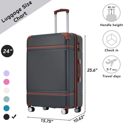 Bagage 24" 1 pièce avec serrure TSA, valise légère extensible, roulettes, bagage vintage noir