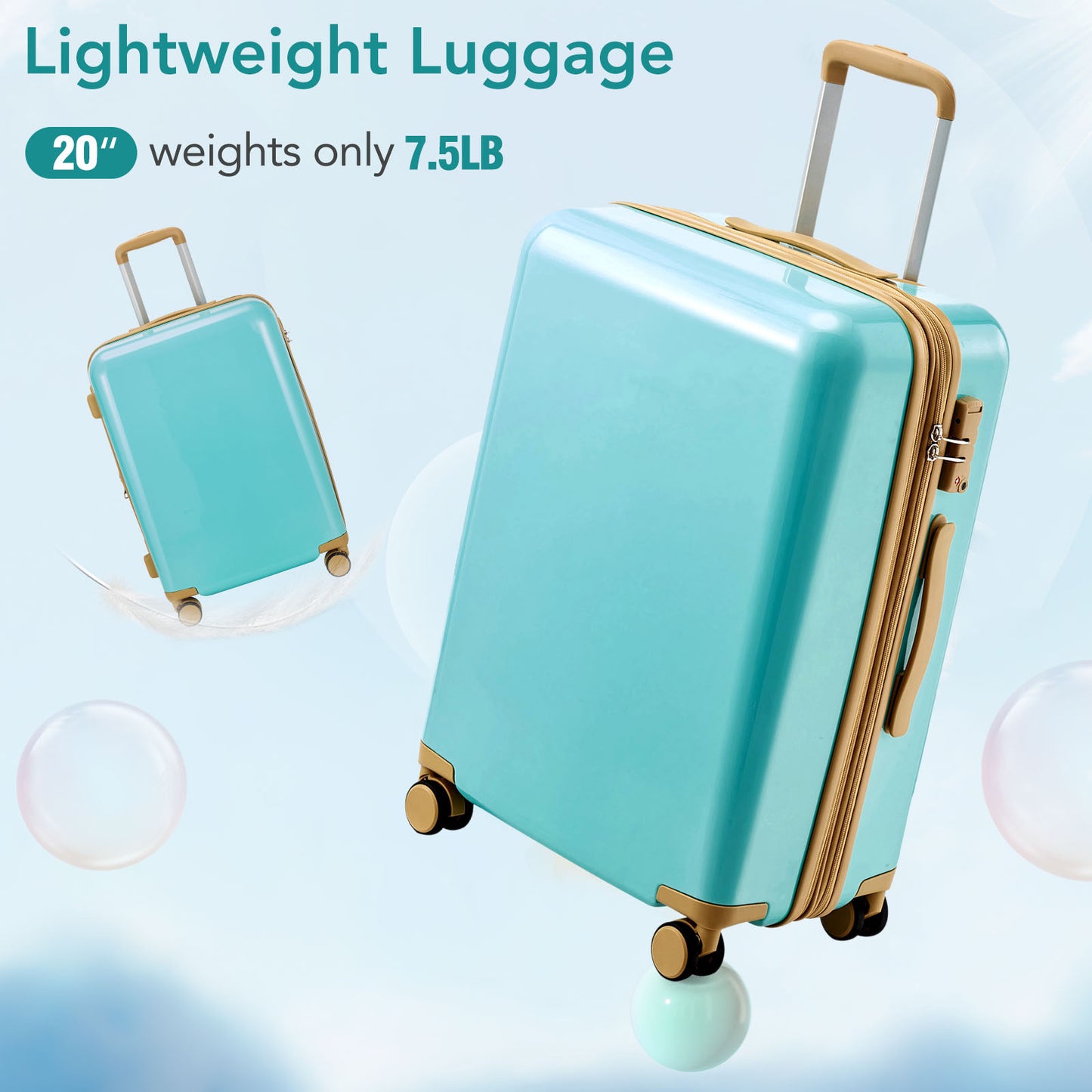 Hardshell Luggage Sets 3 Piece double spinner 8 wheels Suitcase with TSA Lock Lightweight 20''24''28'' Teal Blue + ABS+PC