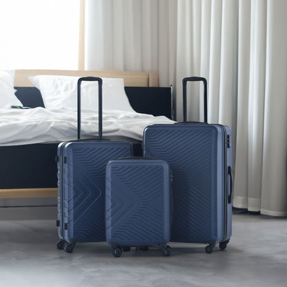 Ensembles de bagages 3 pièces Valise légère en ABS avec deux crochets, roues pivotantes, serrure TSA, (20/24/28) bleu marine