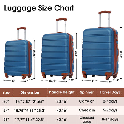 Ensemble de bagages 3 pièces bleu marine Valise rigide à roulettes avec serrure TSA 20