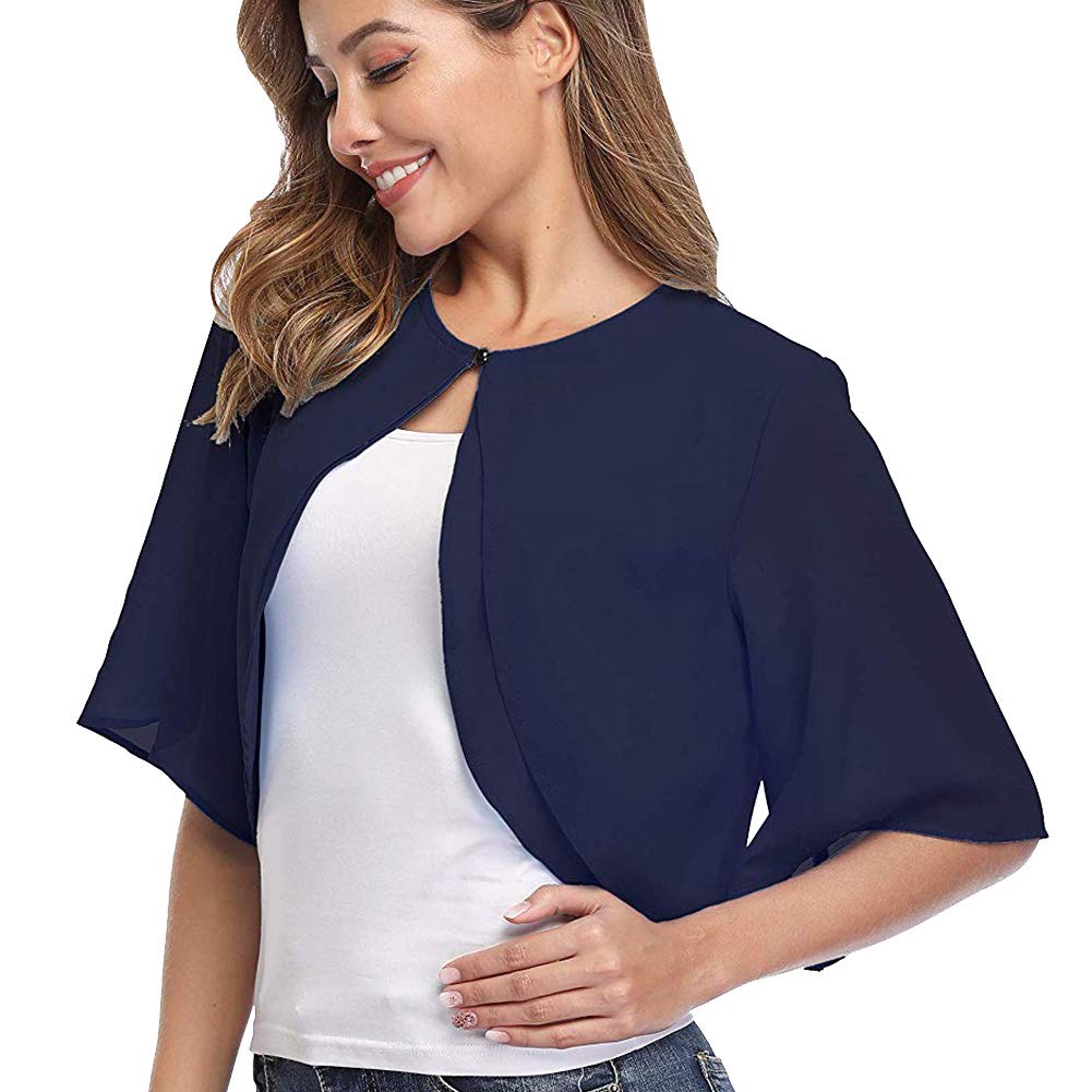 Boléro en mousseline de soie à manches courtes et devant ouvert pour femme, bleu marine, XL