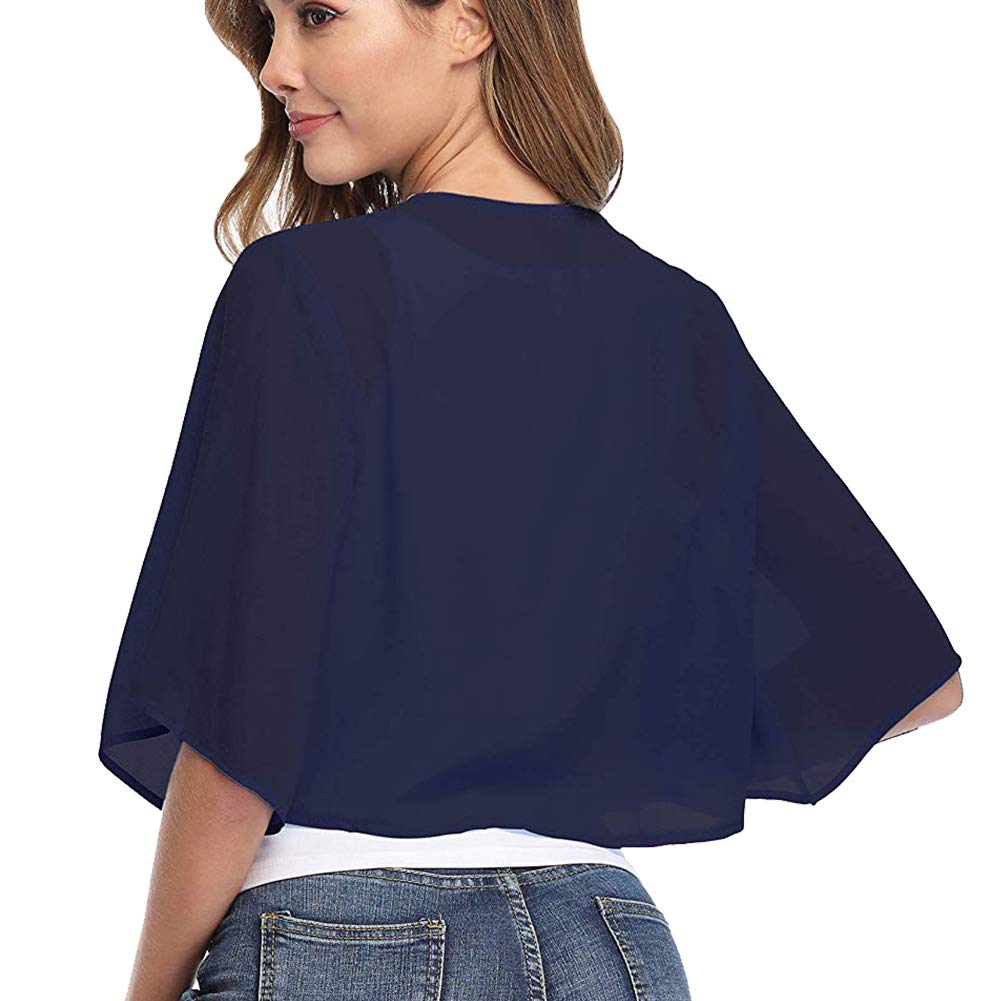 Boléro en mousseline de soie à manches courtes et devant ouvert pour femme, bleu marine, XL