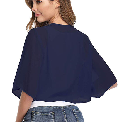 Boléro en mousseline de soie à manches courtes et devant ouvert pour femme, bleu marine, XL