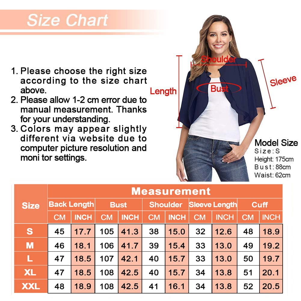 Boléro en mousseline de soie à manches courtes et devant ouvert pour femme, bleu marine, XL