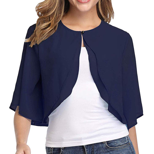 Boléro en mousseline de soie à manches courtes et devant ouvert pour femme, bleu marine, XL