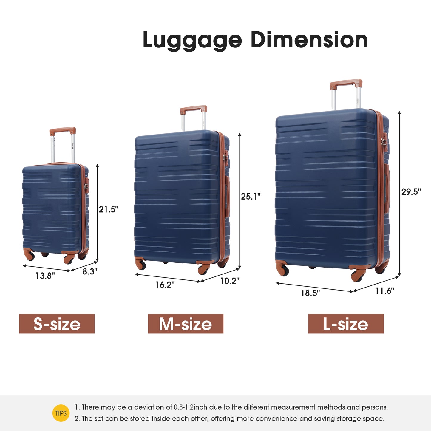 Ensembles de bagages rigides valise à roulettes 3 pièces avec serrure TSA légère 20''24''28'' bleu marine + ABS