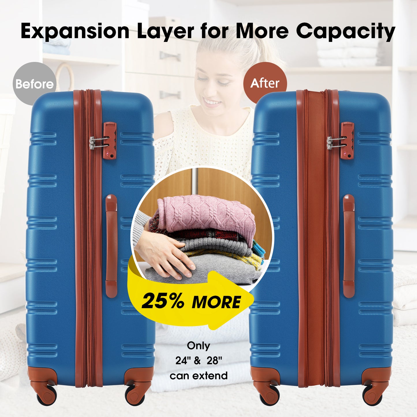 Ensemble de bagages 3 pièces bleu marine Valise rigide à roulettes avec serrure TSA 20
