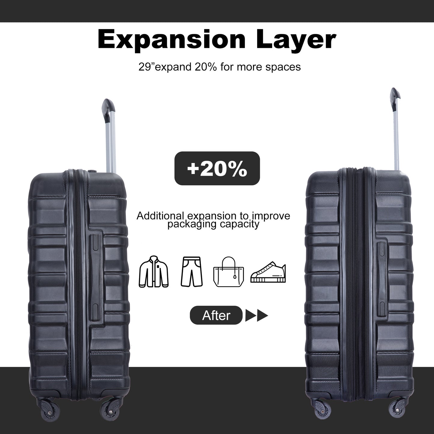Ensembles de bagages extensibles 3 pièces, valise PC légère et durable avec deux crochets, roulettes pivotantes, serrure TSA, (21/25/29) noir