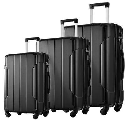 Ensembles de bagages rigides 3 pièces valise à roulettes avec serrure TSA légère 20''24''28'' noir + ABS