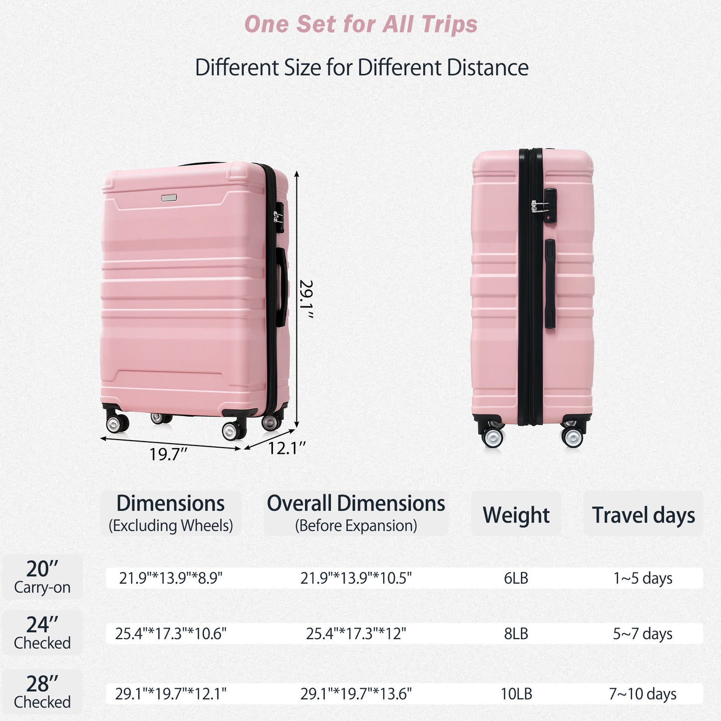 Ensembles de bagages de haute qualité extensible ABS Hardshell 3 pièces rose