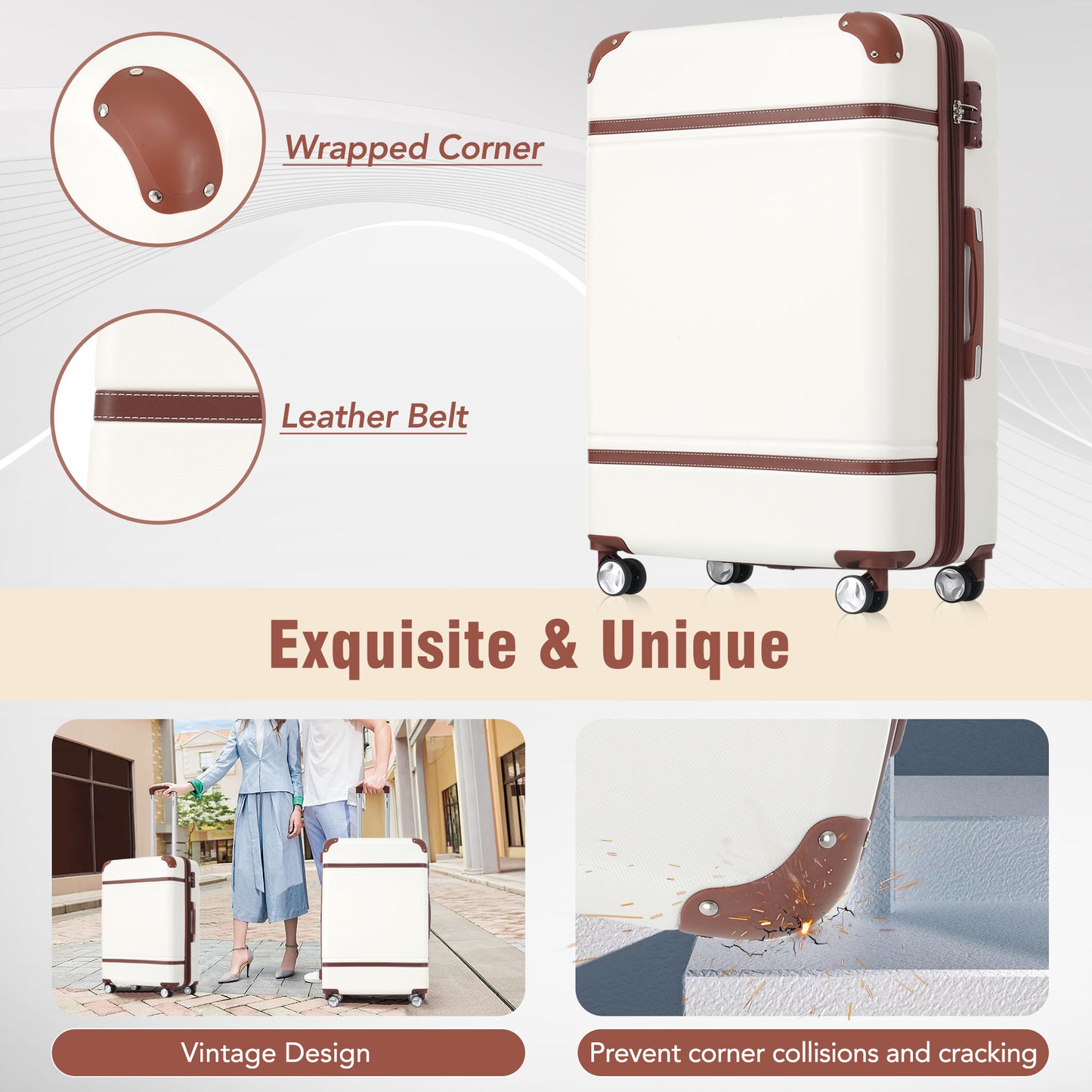 Bagage vintage blanc 24" 1 pièce avec serrure TSA, valise à roulettes légère et extensible