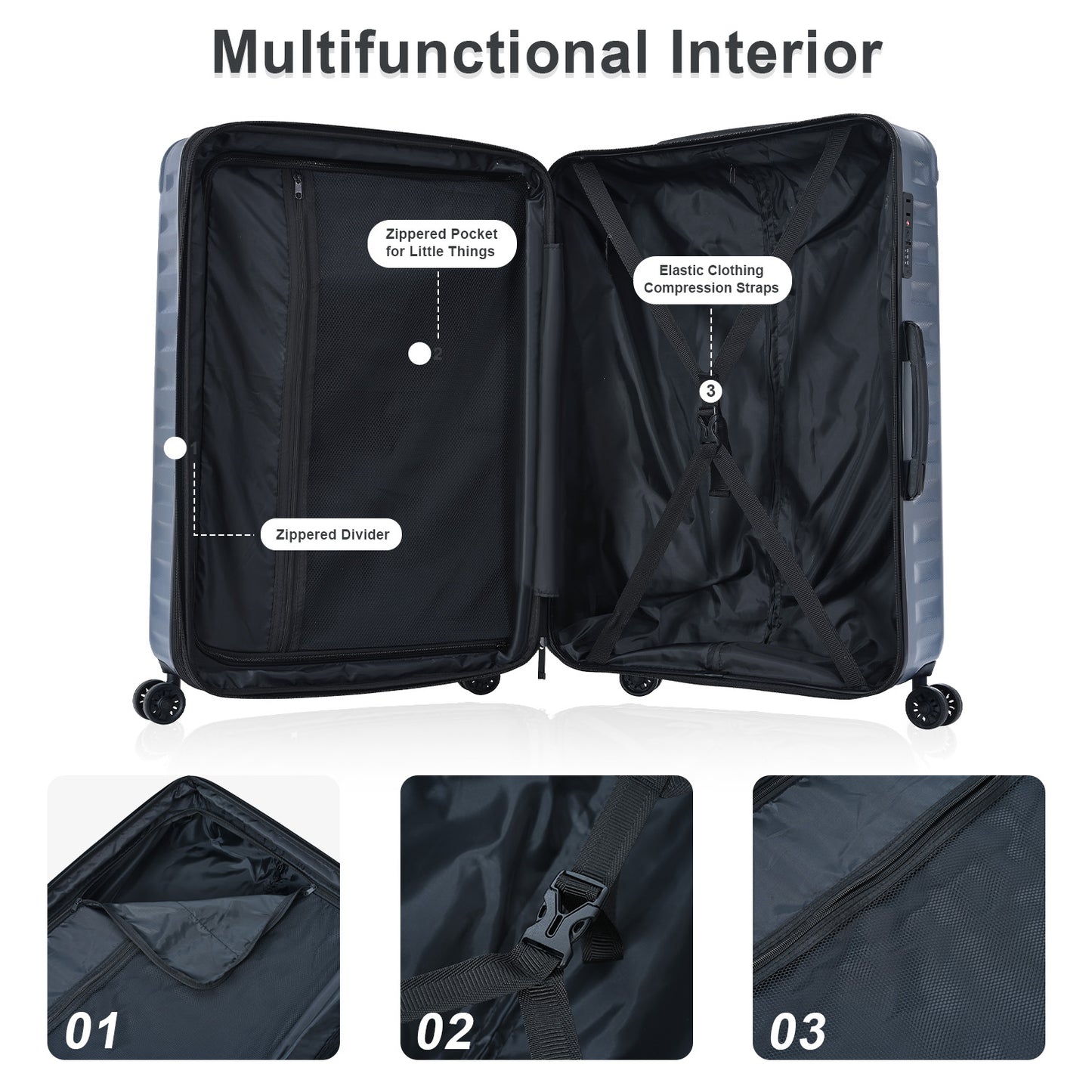 Ensembles de bagages extensible ABS + PC, 3 pièces avec roues pivotantes, serrure TSA légère (20/24/28), gris acier