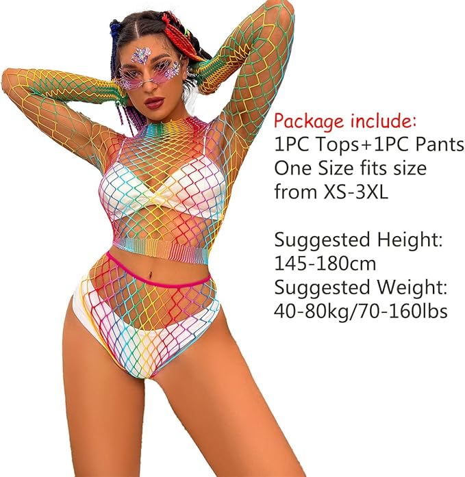 FYMNSI Ensemble nuisette pour femme, haut court à manches longues et épaules dénudées en résille transparente arc-en-ciel, sous-vêtements arc-en-ciel