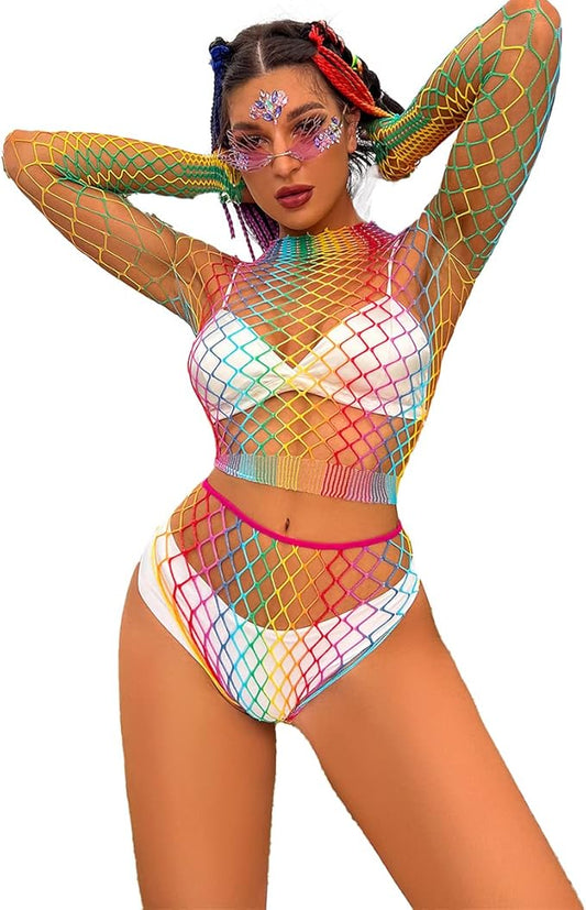 FYMNSI Ensemble nuisette pour femme, haut court à manches longues et épaules dénudées en résille transparente arc-en-ciel, sous-vêtements arc-en-ciel