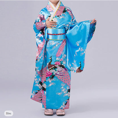 Yukata pour enfant, style japonais vintage – Robe traditionnelle en soie pour fille, peignoir, toge de mariage ou de spectacle 140 cm (7-8 ans)