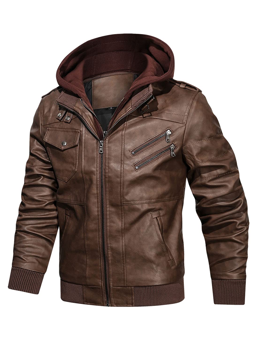 HOOD CREW Veste de motard décontractée en similicuir pour homme avec capuche amovible, marron, XXXL