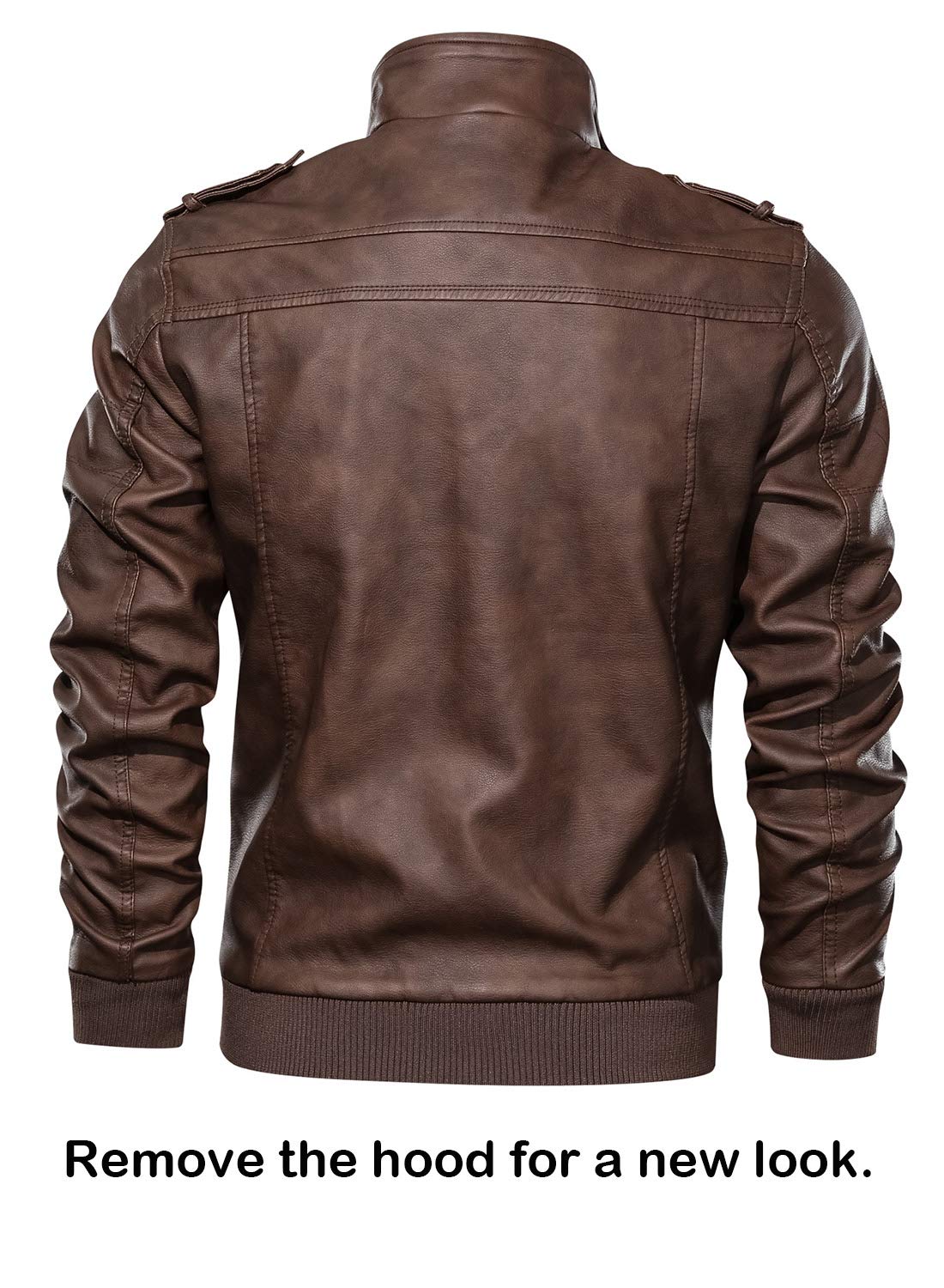 HOOD CREW Veste de motard décontractée en similicuir pour homme avec capuche amovible, marron, XXXL