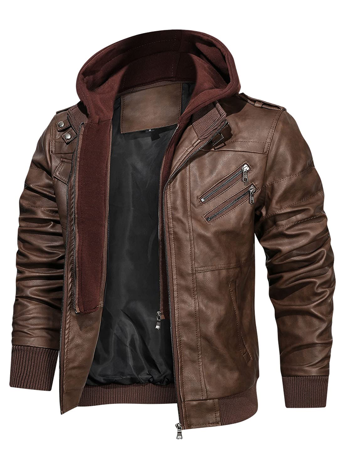 HOOD CREW Veste de motard décontractée en similicuir pour homme avec capuche amovible, marron, XXXL