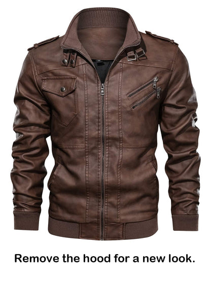 HOOD CREW Veste de motard décontractée en similicuir pour homme avec capuche amovible, marron, XXXL