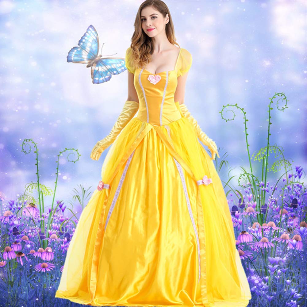 IWEMEK Robe de princesse, déguisement adulte pour Halloween et carnaval, robe de soirée jaune La Belle et la Bête avec gants, taille M