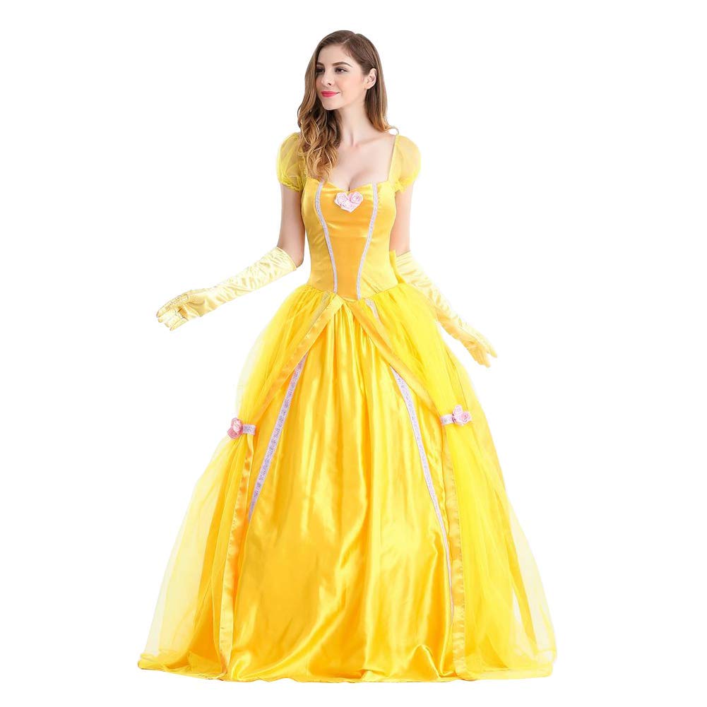IWEMEK Robe de princesse, déguisement adulte pour Halloween et carnaval, robe de soirée jaune La Belle et la Bête avec gants, taille M