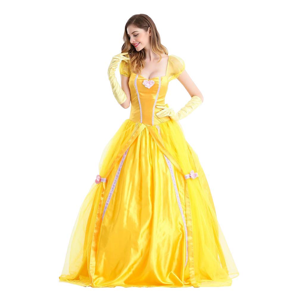 IWEMEK Robe de princesse, déguisement adulte pour Halloween et carnaval, robe de soirée jaune La Belle et la Bête avec gants, taille M
