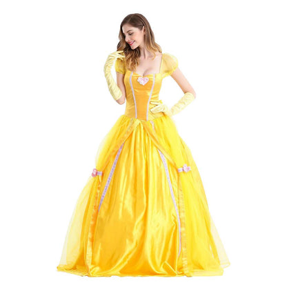 IWEMEK Robe de princesse, déguisement adulte pour Halloween et carnaval, robe de soirée jaune La Belle et la Bête avec gants, taille M